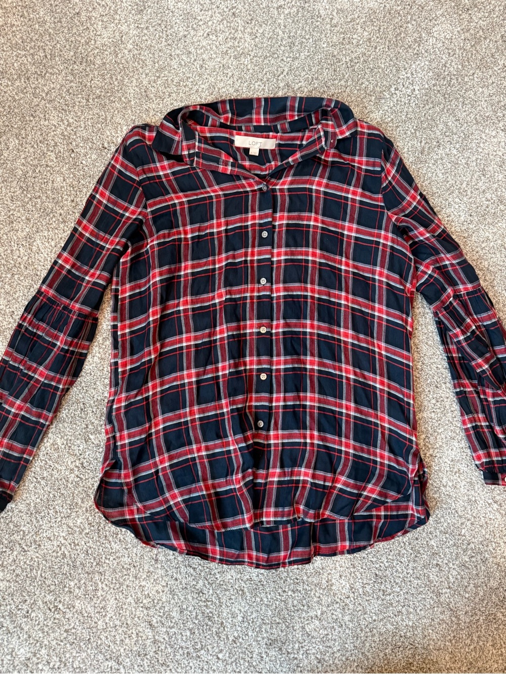 LOFT Red and Navy Plaid Button-Down Blouse